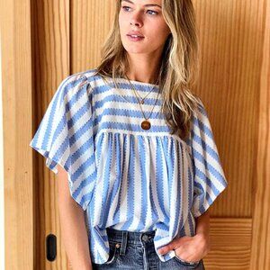 Emerson Fry India Collection Basalie Top in Scalloped Blue Stripe Size XS